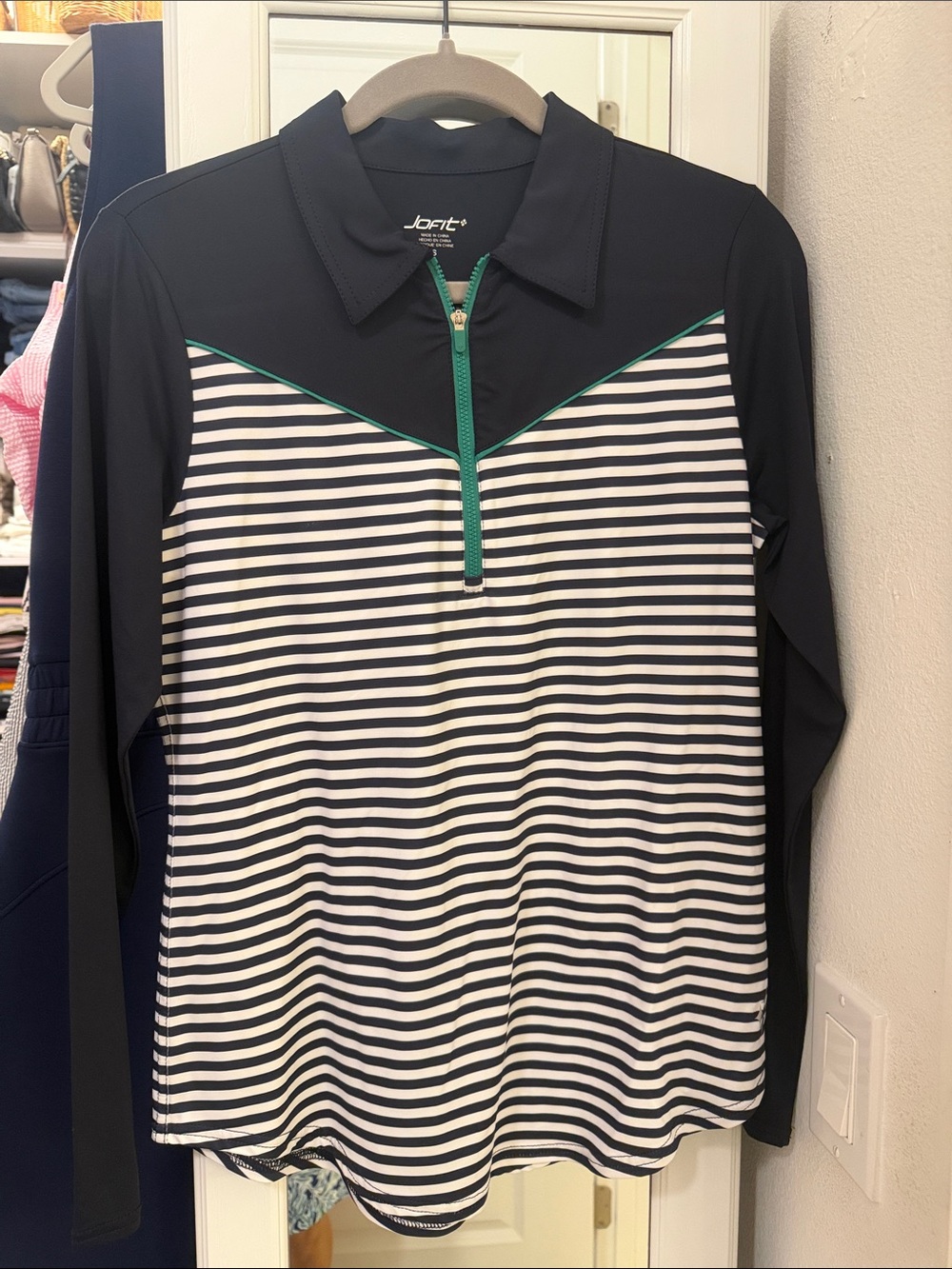 Jofit Navy, White & Green Zip-Front Striped Long Sleeve Polo
